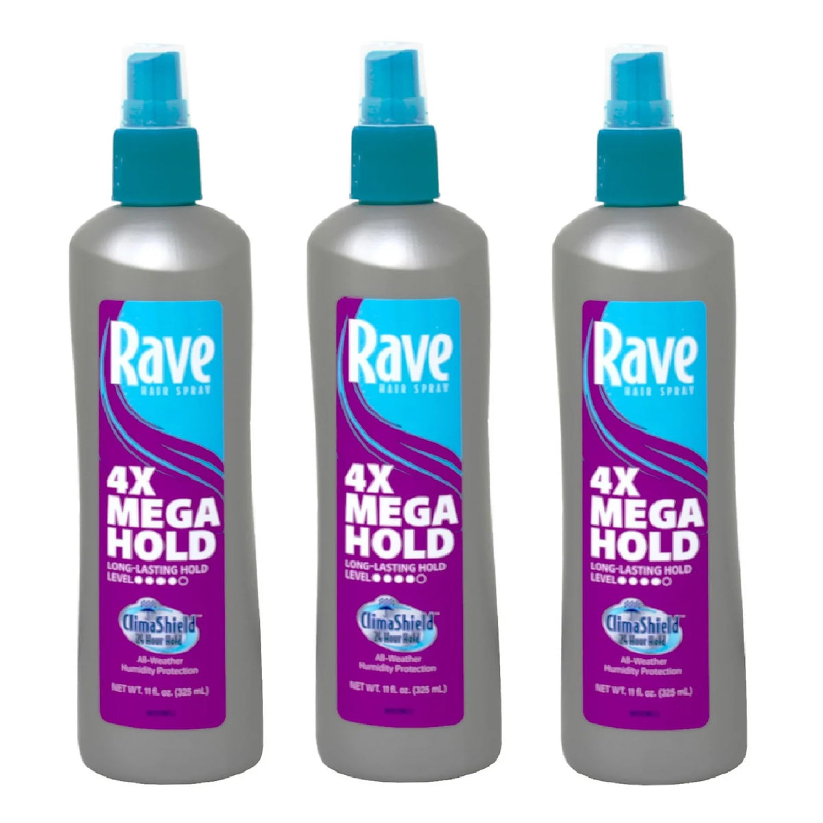 rave front packaging showing three 11 fl oz unscented pump hairspray cans for strong hold