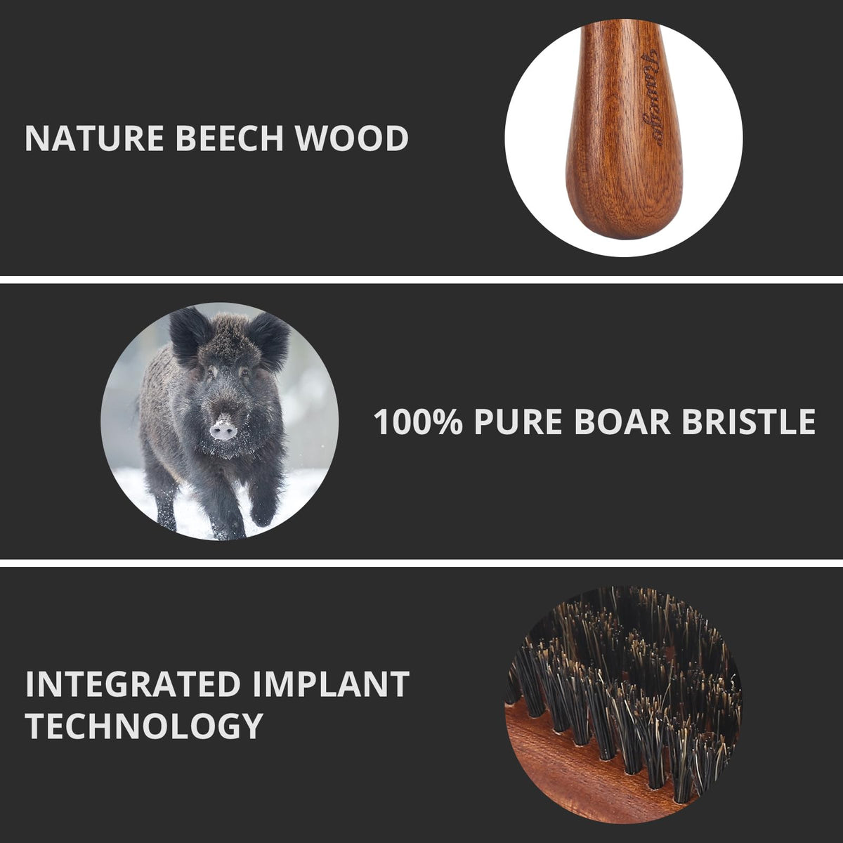 RAVEGO close-up of 100% boar bristles demonstrating natural shine benefit
