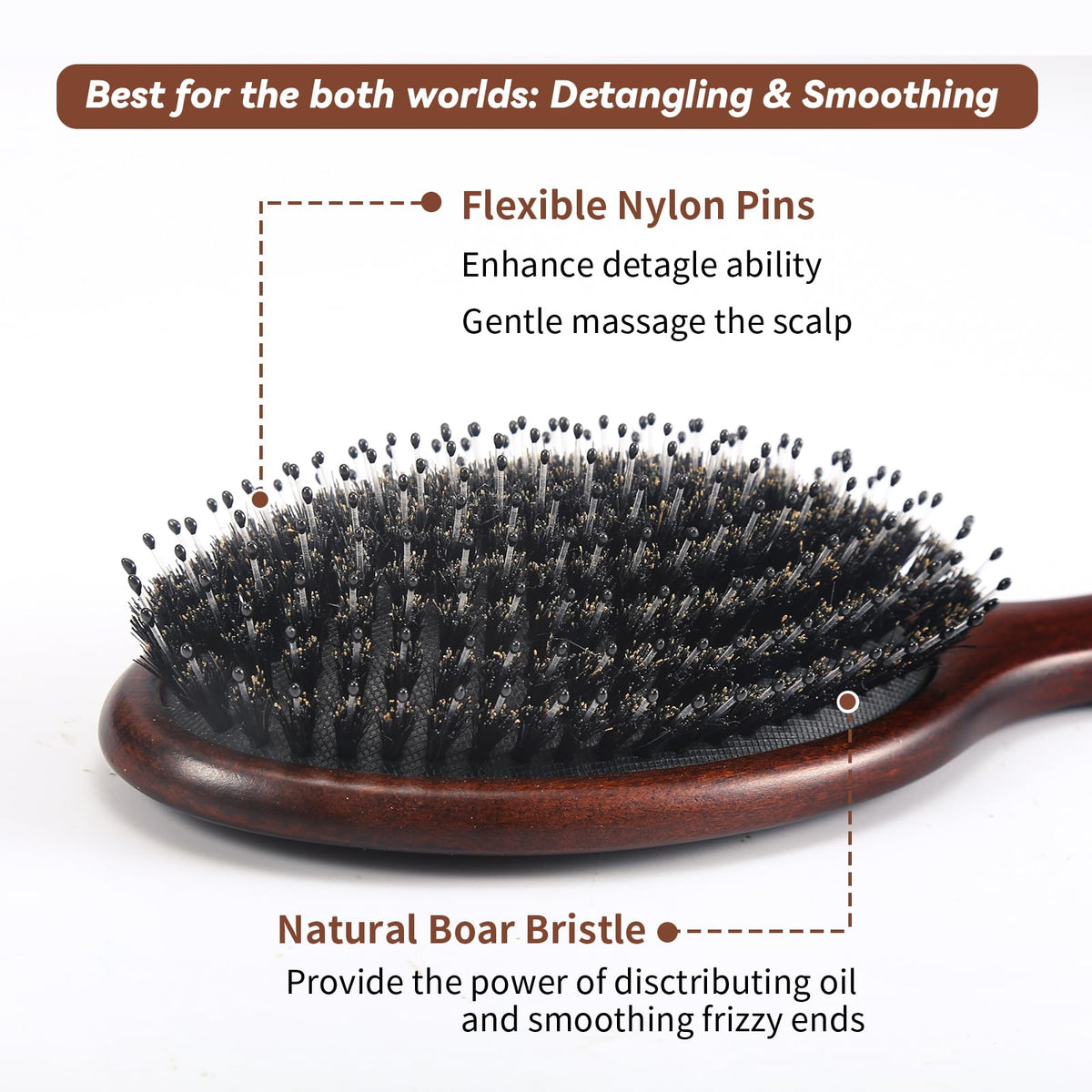 RAVEGO close-up of boar and nylon bristles highlighting oil distribution and detangling