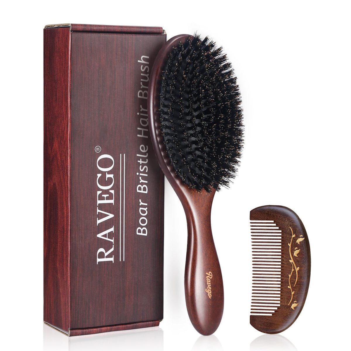 RAVEGO front view showing brush shape and natural boar bristles for polished shine