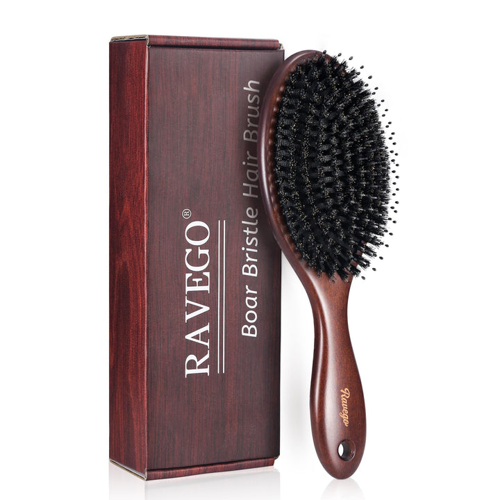 RAVEGO front paddle brush showing bristle layout and ergonomic shape benefits smoothing