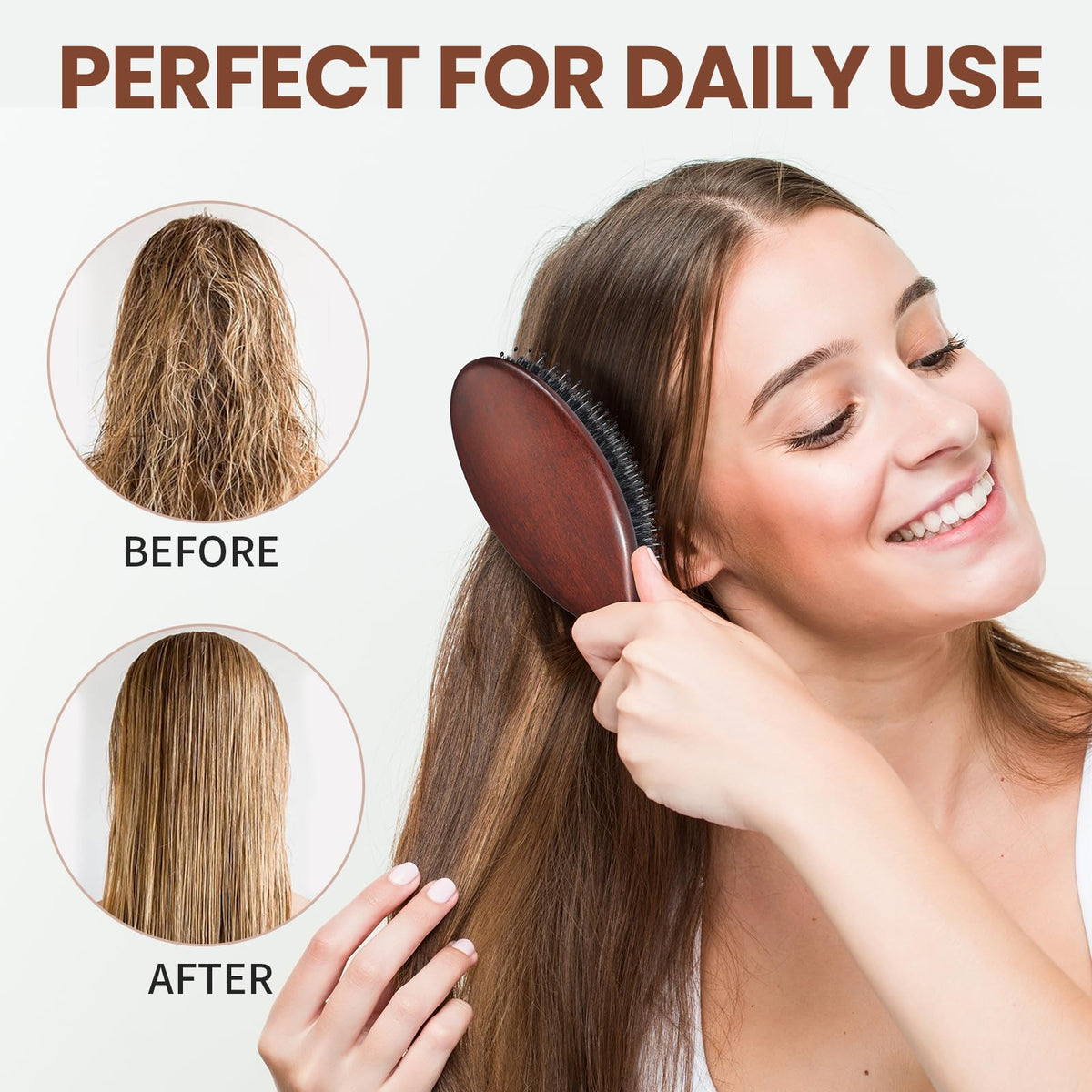 RAVEGO used on damp hair showing safe wet/dry brushing and controlled styling benefit