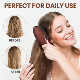 RAVEGO used on damp hair showing safe wet/dry brushing and controlled styling benefit