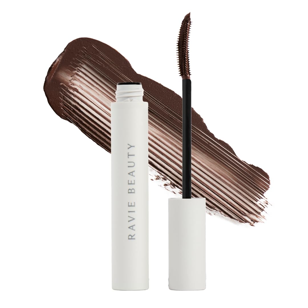 Ravie Beauty mascara bottle front showing brown shade and sleek design benefits wearability