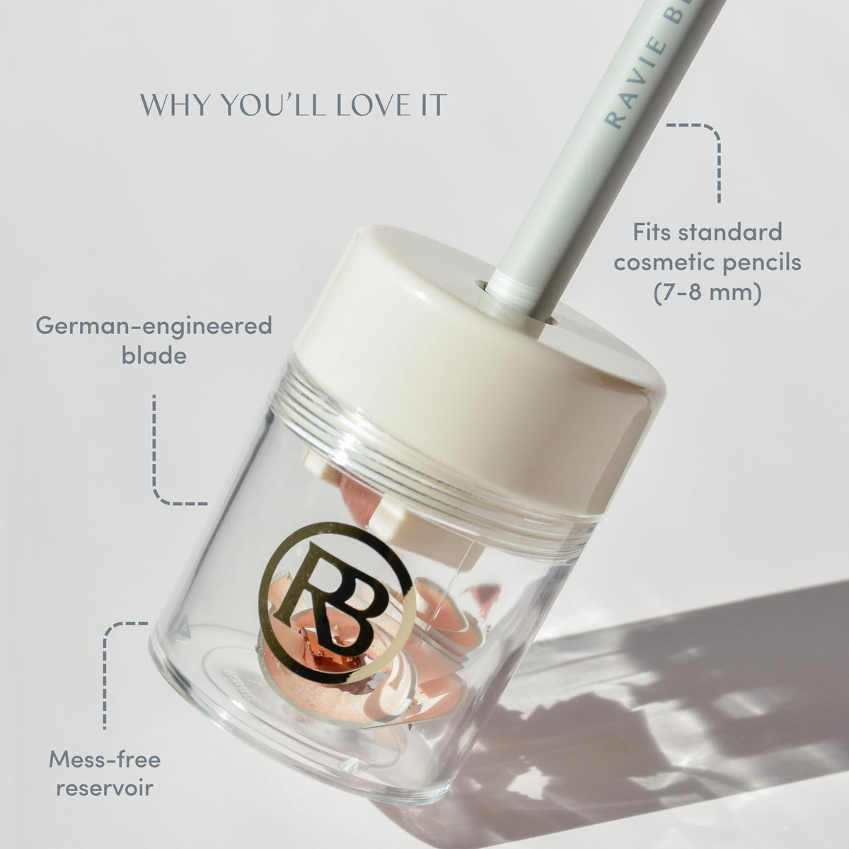 Ravie Beauty open shavings reservoir showing mess-free design