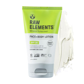 Raw Elements front tube showing label and SPF 30 protection benefit