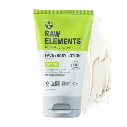 Raw Elements front tube showing label and SPF 30 protection benefit