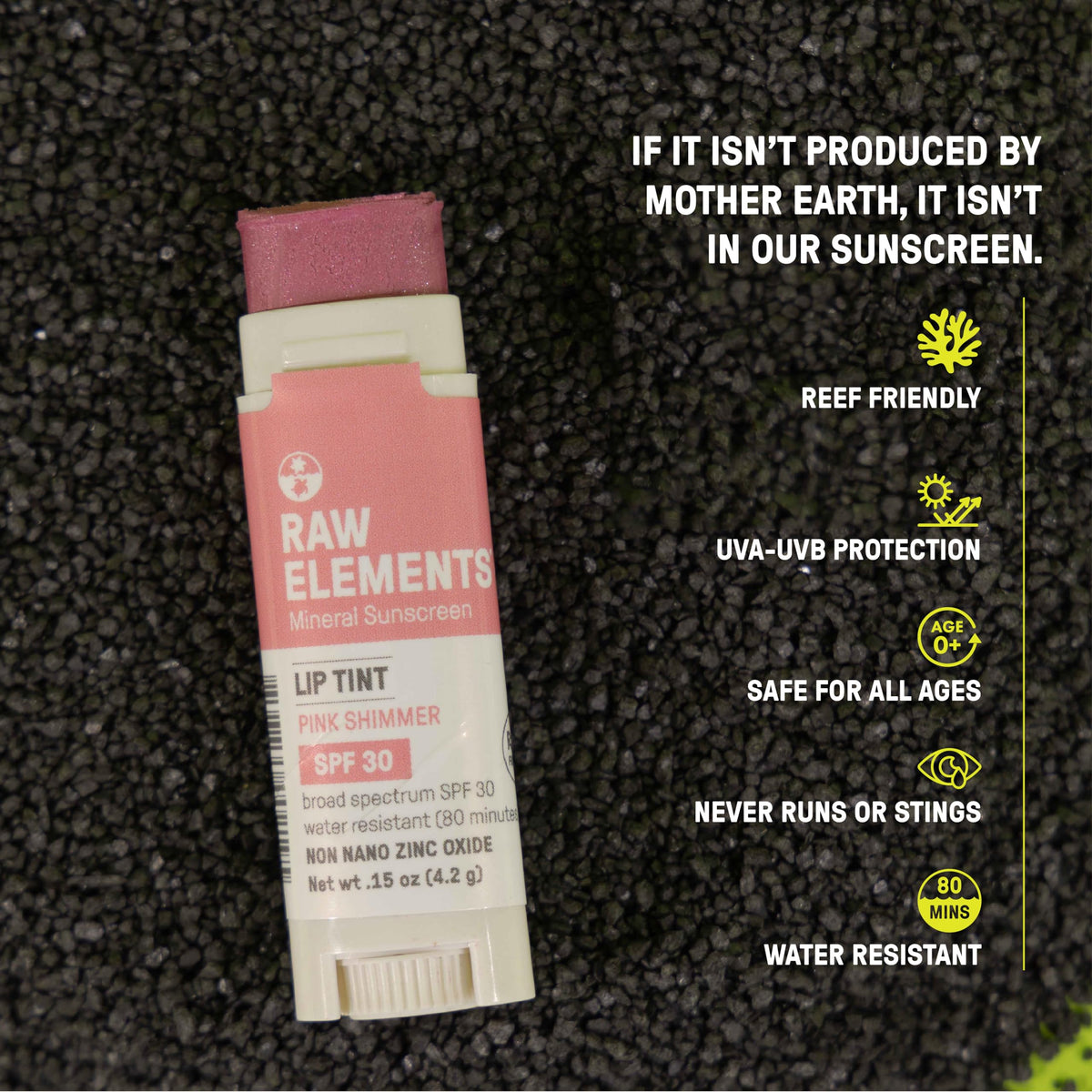 Raw Elements applied on lips demonstrating subtle pink sheen and protection