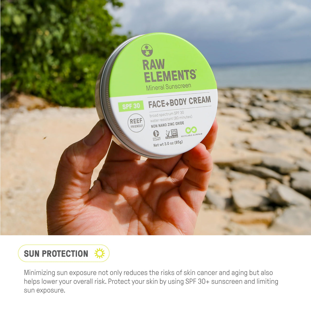 Raw Elements recyclable tin next to recycling symbol emphasizing plastic-free sustainability