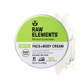 Raw Elements tin front packaging showing SPF 30 protection and compact design benefit
