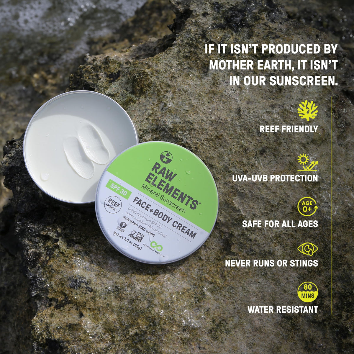 Raw Elements tin open showing solid sunscreen inside for convenient application