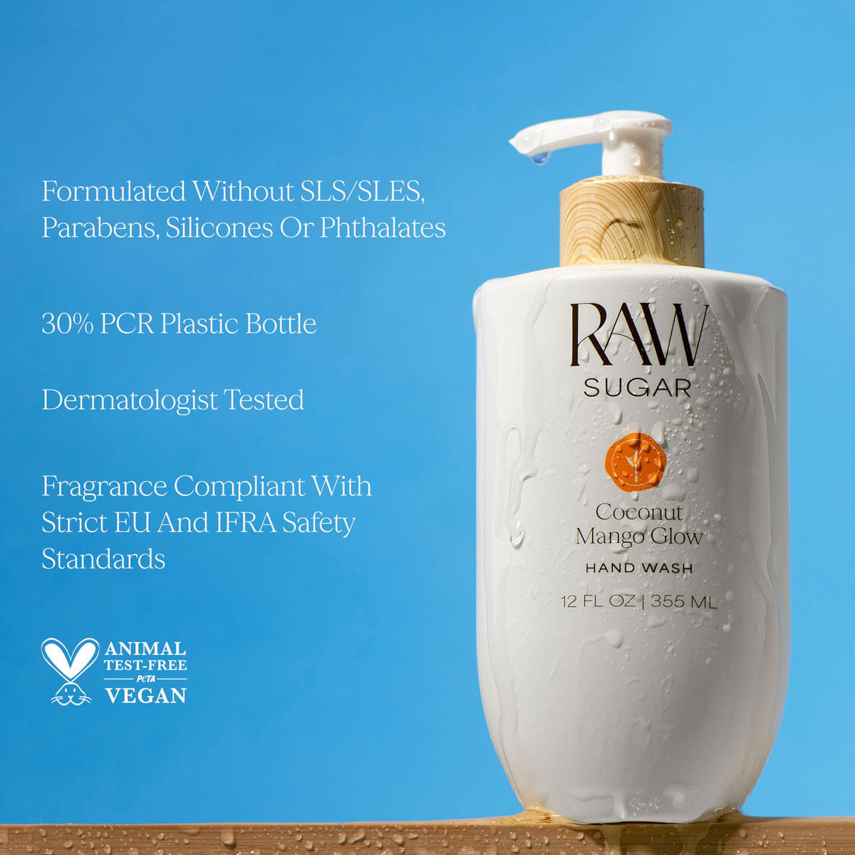 RAW SUGAR bottle on bathroom counter adding tropical scent benefit