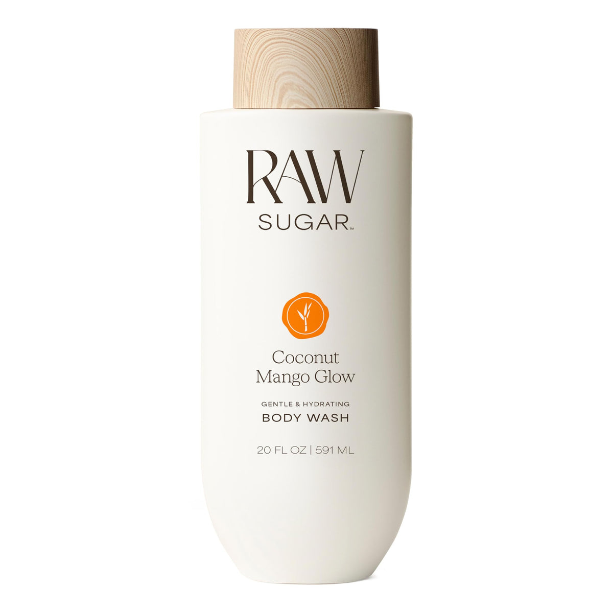 RAW SUGAR front bottle showing coconut mango fragrance and size benefit