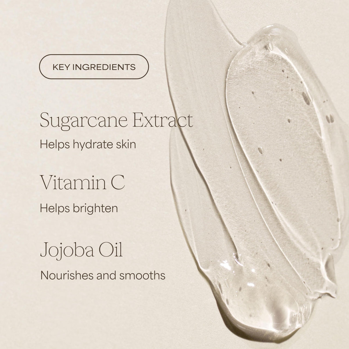 RAW SUGAR ingredients display with jojoba and Vitamin C for brightening