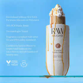 RAW SUGAR flat lay in bathroom setting showing scent layering and routine benefit