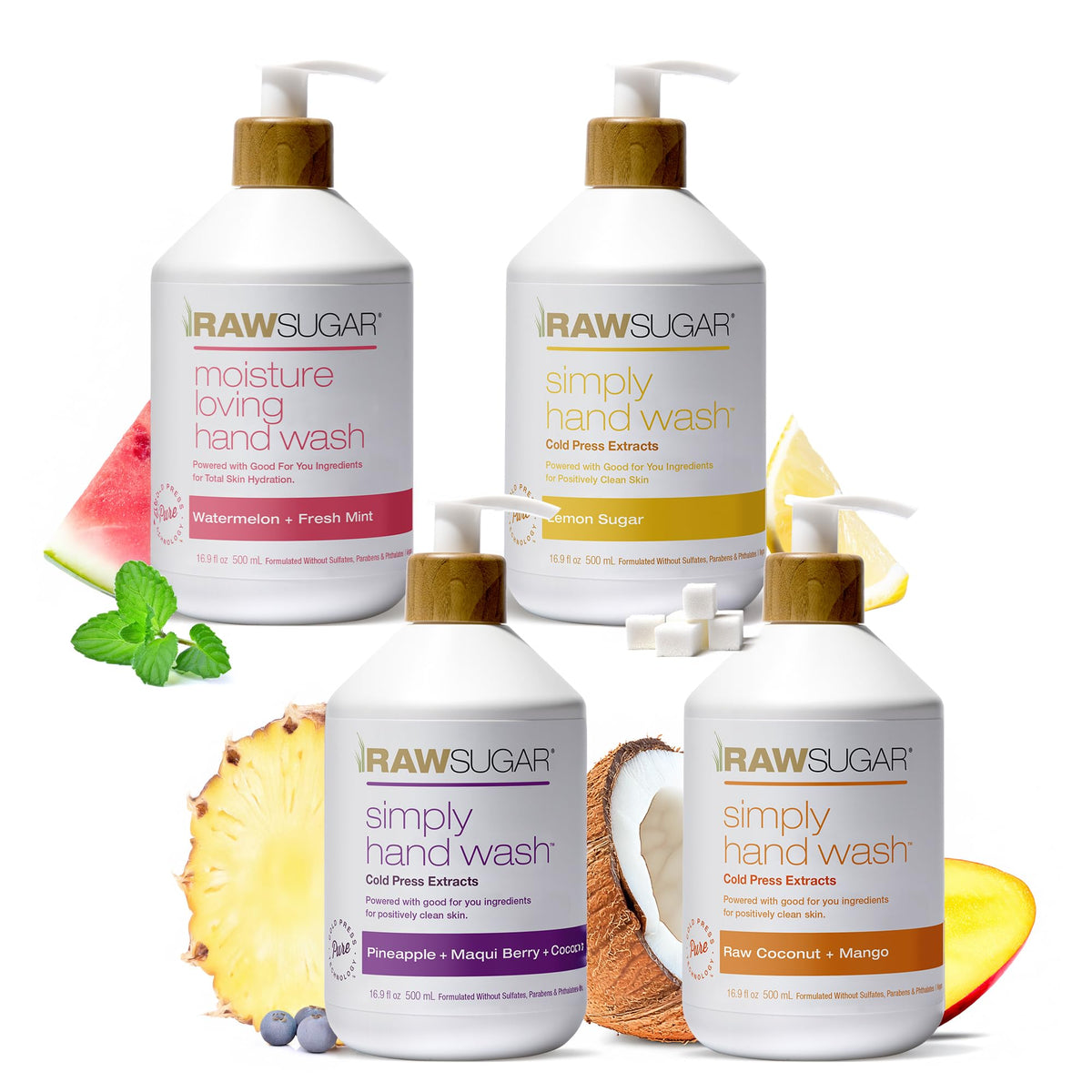 RAW SUGAR front packaging bundle showing four 16.9 fl oz pumps and scent variety