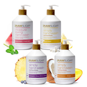 RAW SUGAR front packaging bundle showing four 16.9 fl oz pumps and scent variety