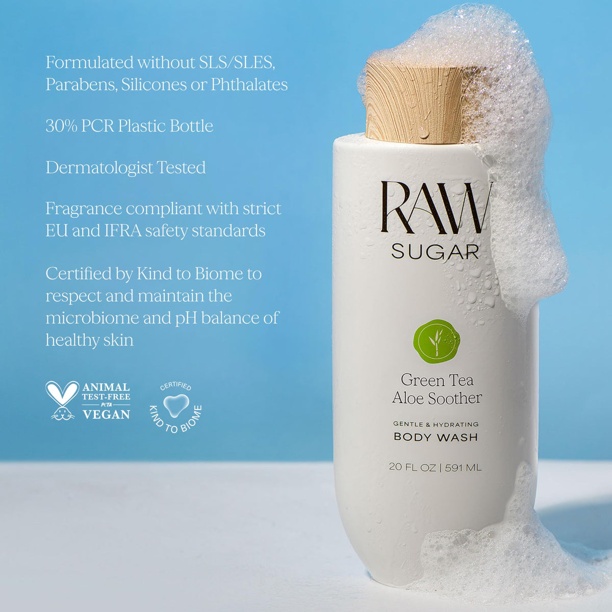 RAW SUGAR next to aloe leaf and green tea depicting soothing natural benefit