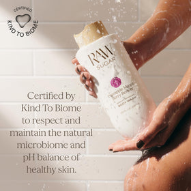 RAW SUGAR back label with ingredient list and SLS/SLES-free benefit visible