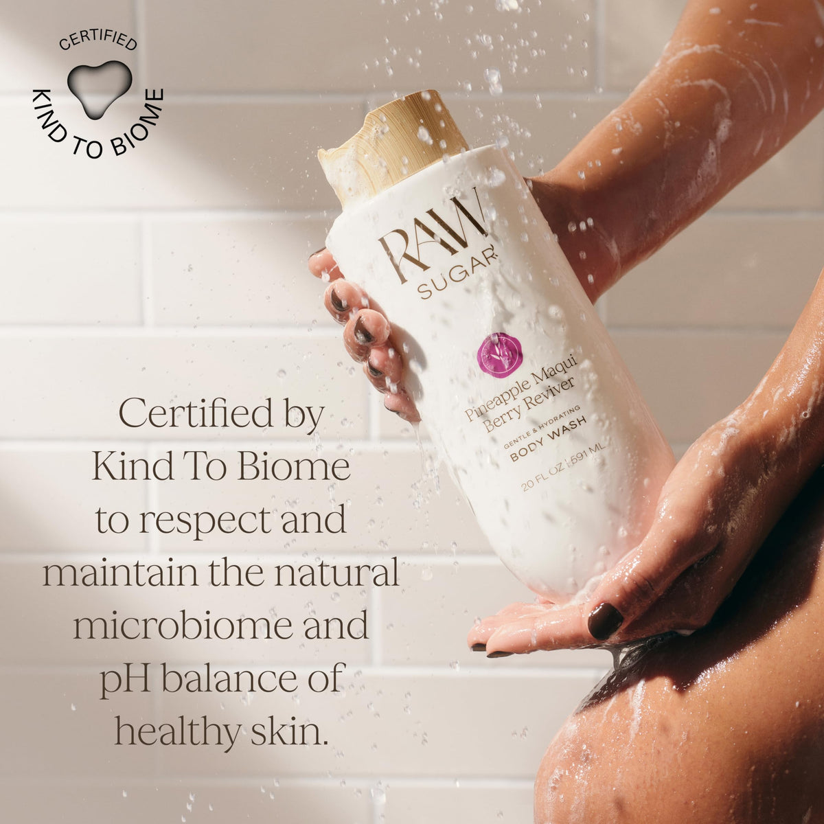 RAW SUGAR bottle in shower being used to illustrate everyday cleansing and hydrating shower routine