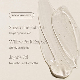 RAW SUGAR ingredients display with sugarcane and jojoba visuals emphasizing natural smoothing benefits