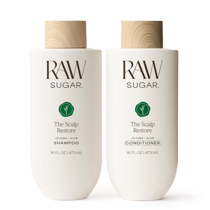 RAW SUGAR front packaging showing shampoo and conditioner, convenient everyday bundle