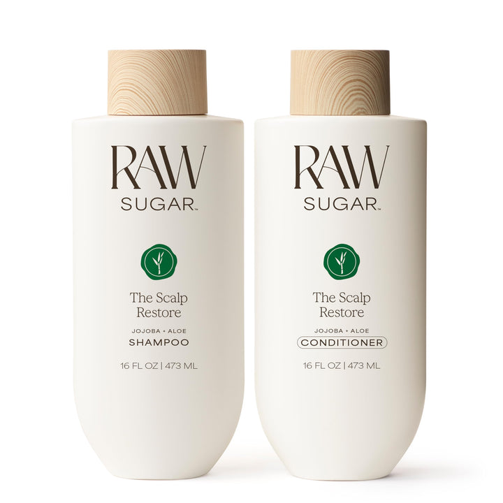 RAW SUGAR front packaging showing shampoo and conditioner, convenient everyday bundle