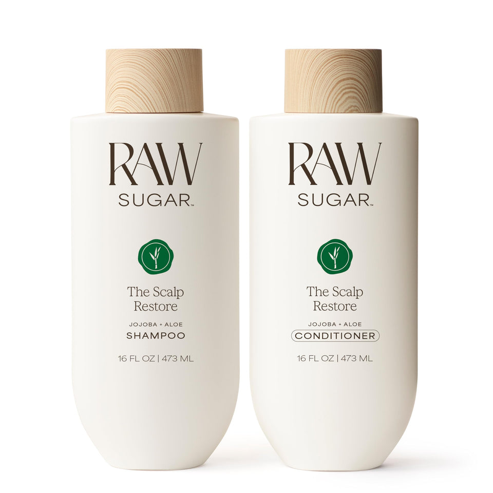 RAW SUGAR front packaging showing shampoo and conditioner, convenient everyday bundle