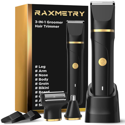 RAXMETRY trimmer front view showing buttons and ergonomic grip benefits