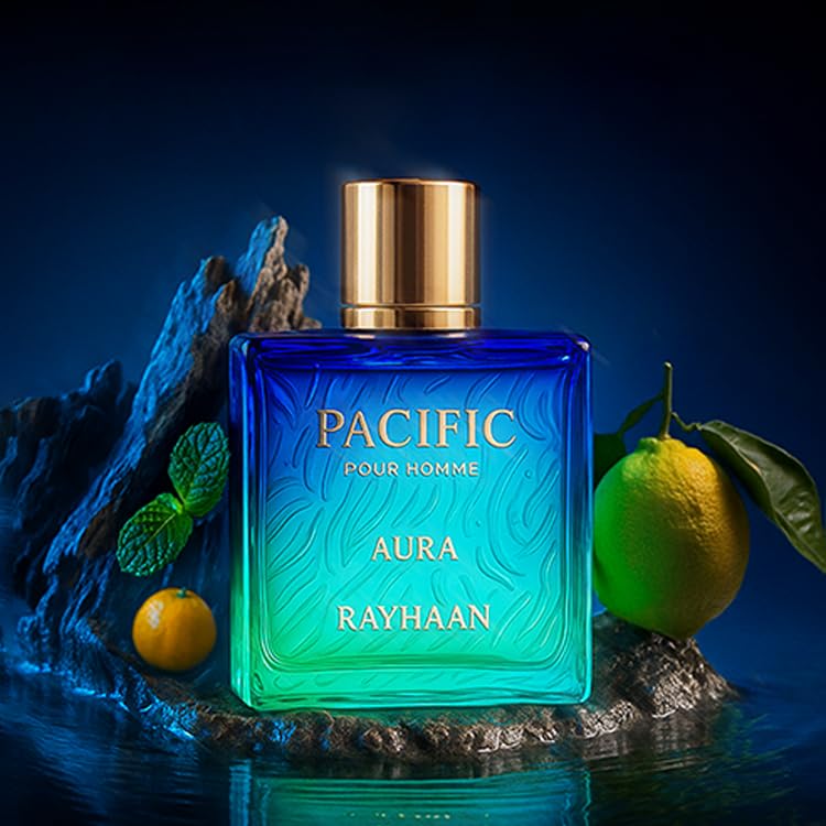 RAYHAAN Pacific Aura on coastal table setting suggesting breezy daytime wear benefit