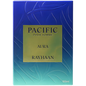 RAYHAAN Pacific Aura held in hand for scale showing compact 100 ml travel benefit