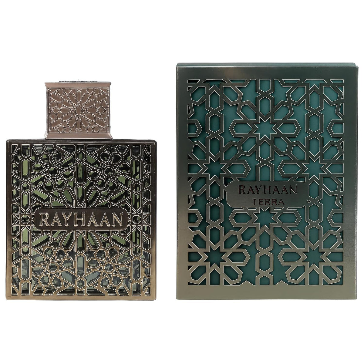 Rayhaan Terra angled bottle and cap highlighting modern finish and texture