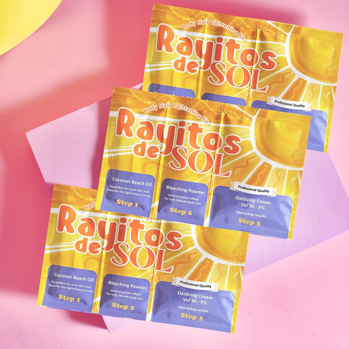 Rayitos de sol product next to ruler showing kit size and value