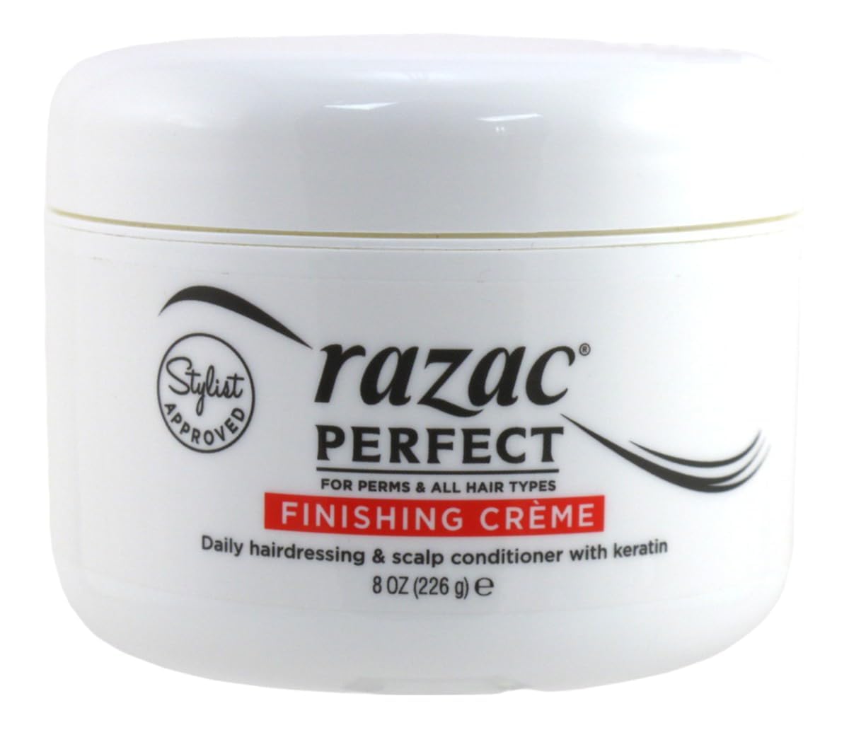 Razac front packaging of 8 oz finishing creme with clear label and easy application benefit