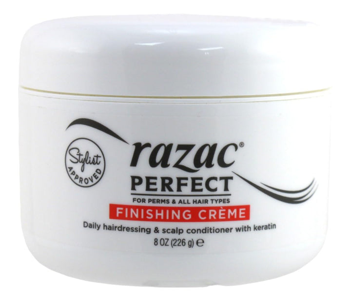 Razac front packaging of 8 oz finishing creme with clear label and easy application benefit