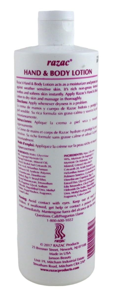 Razac lotion texture on hand illustrating quick absorption and smoothness