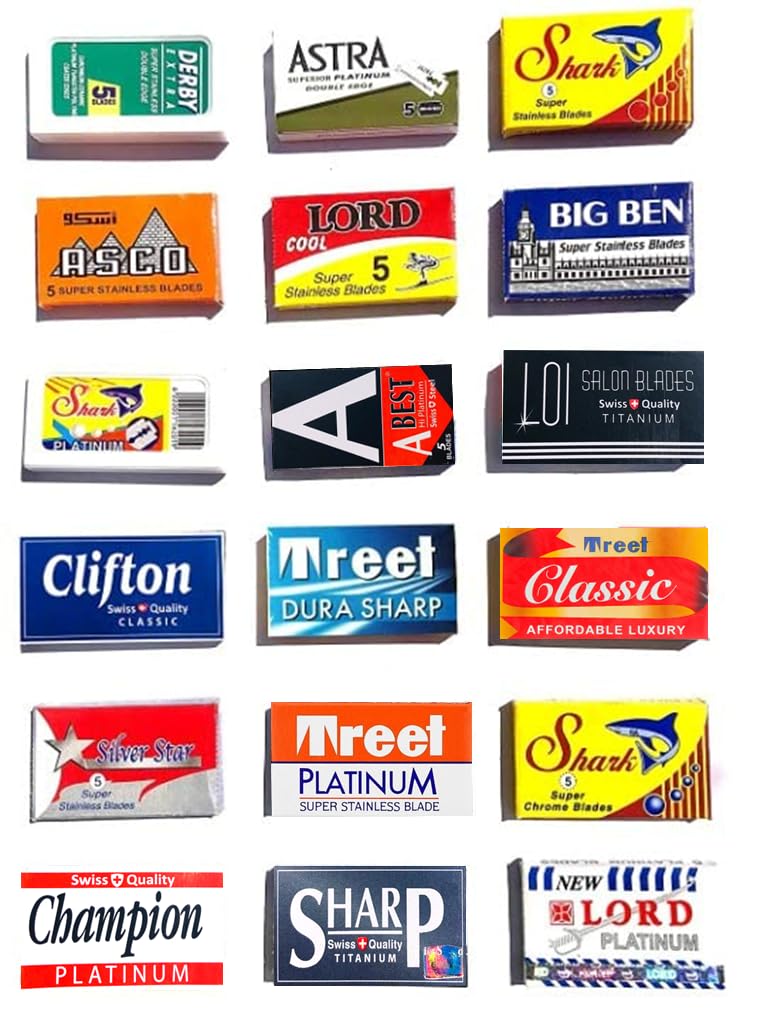 Razor Blades Club front packet view showing 18-brand sampler and travel-ready convenience