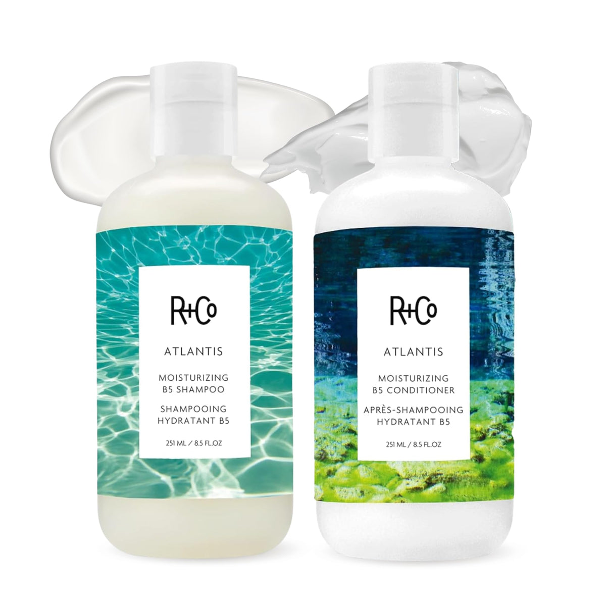 R+Co Atlantis front packaging showing bottles and label, highlighting hydration benefits
