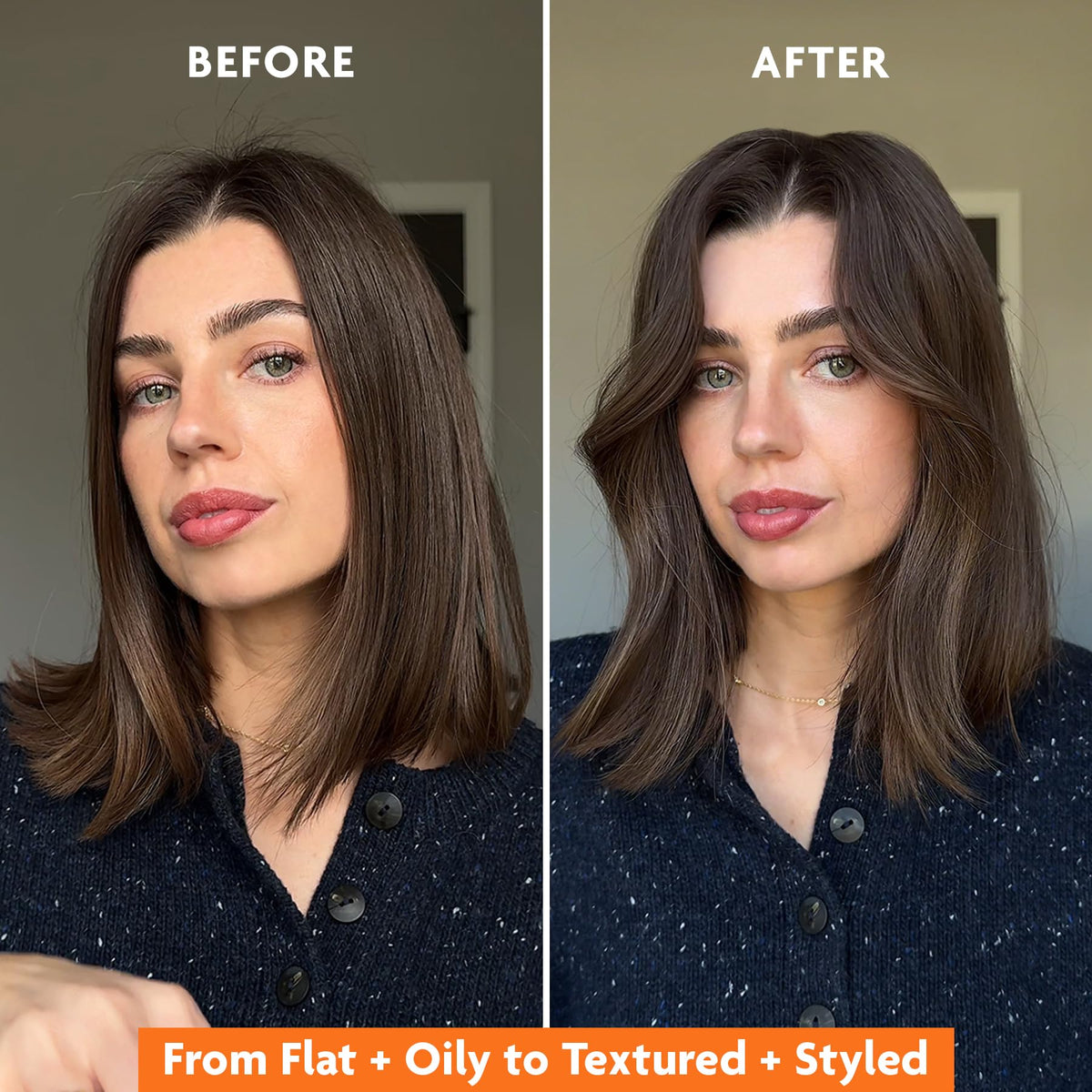 R+Co Badlands styled tousled hair showing matte texture and reworkable hold in real life