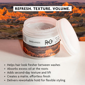 R+Co Badlands open jar close-up showing paste texture and matte finish for easy styling