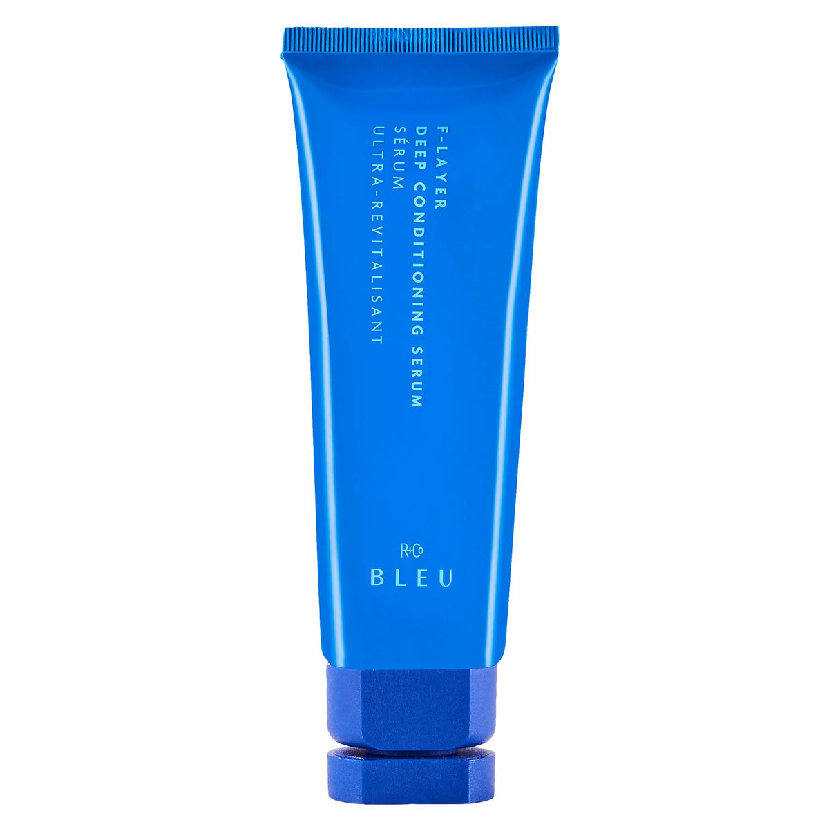 R+Co BLEU bottle front packaging showing sleek design and size benefits