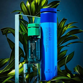 R+Co BLEU next to passport showing travel-sized convenience and portability benefit
