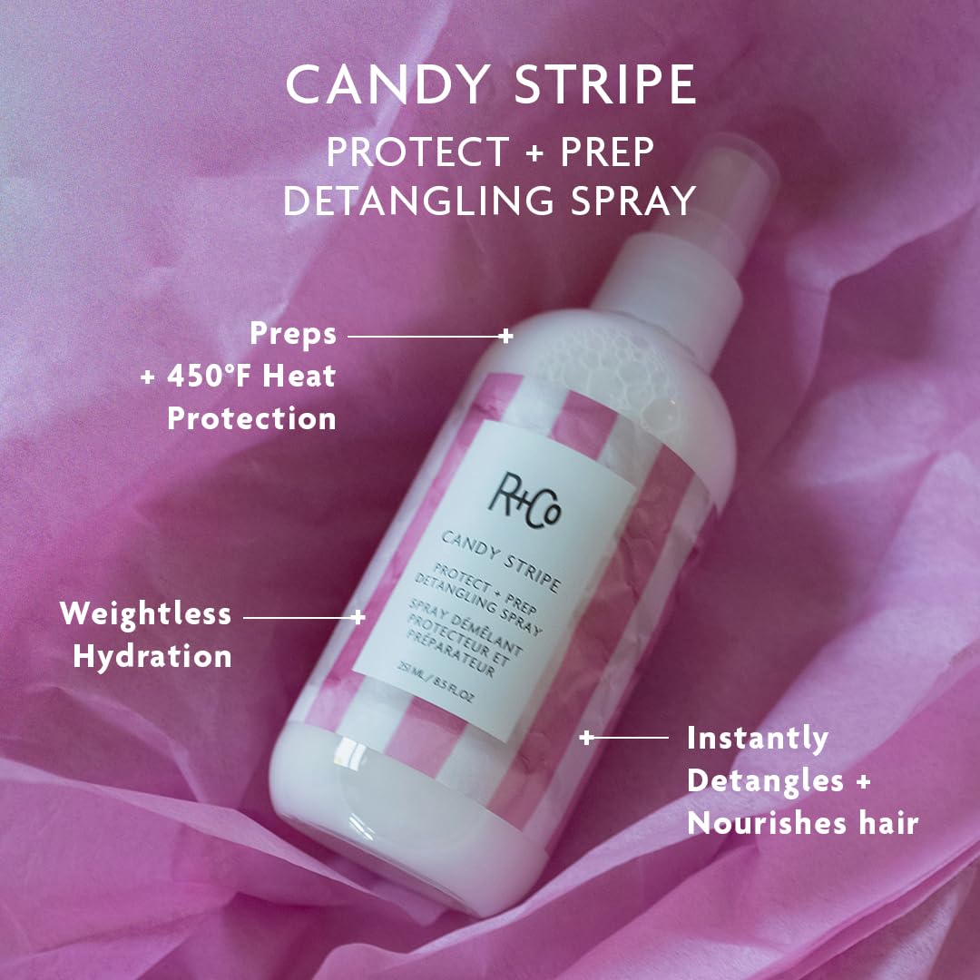 R+Co spray applied to damp hair for easier detangling and smoother cuticle