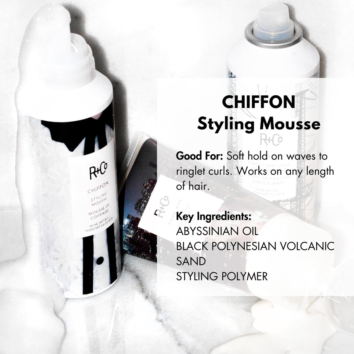 R+Co Chiffon foam dispensed from nozzle for easy styling