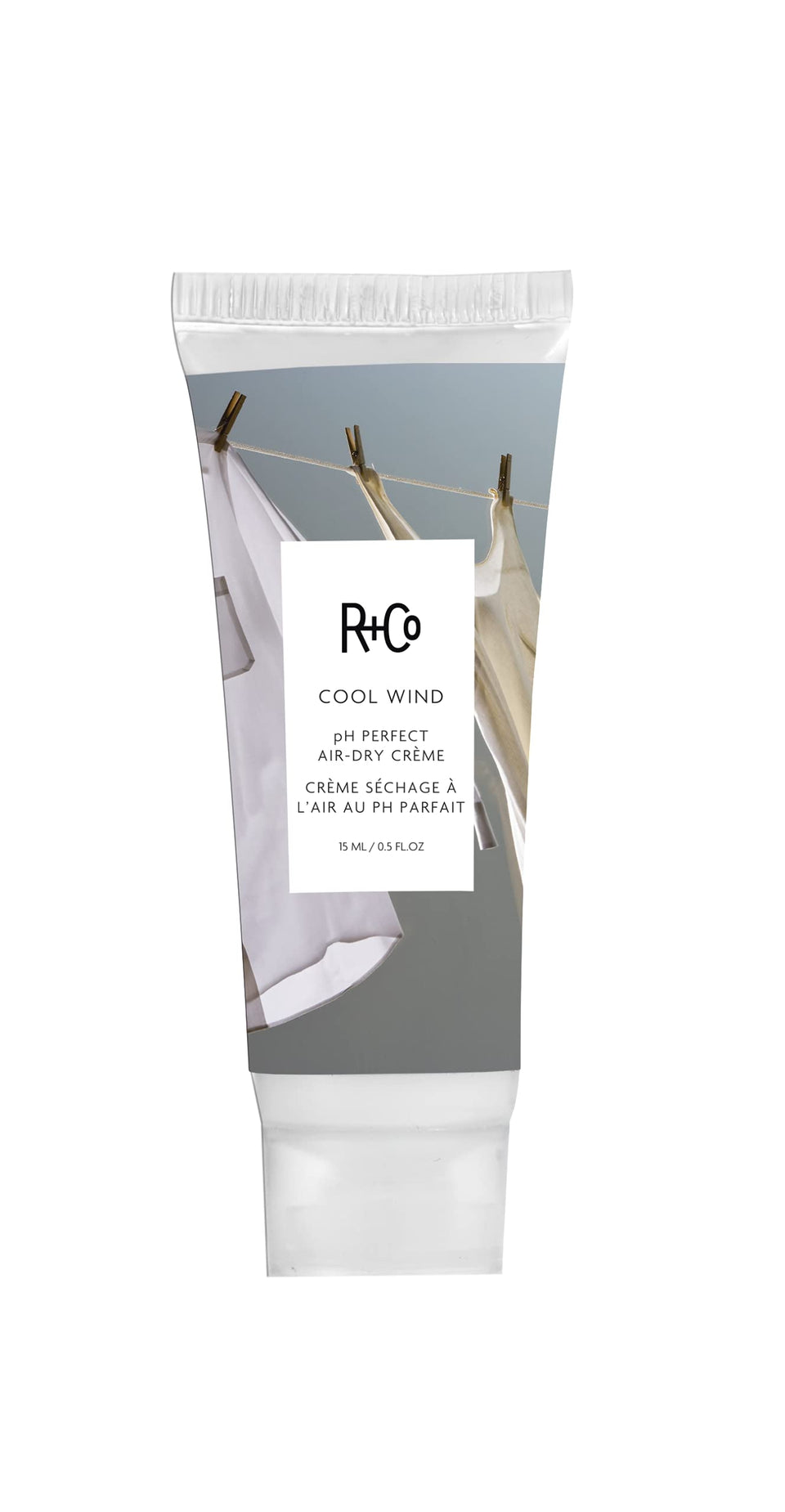 R+Co Cool Wind front view travel-size tube showing frizz control benefit
