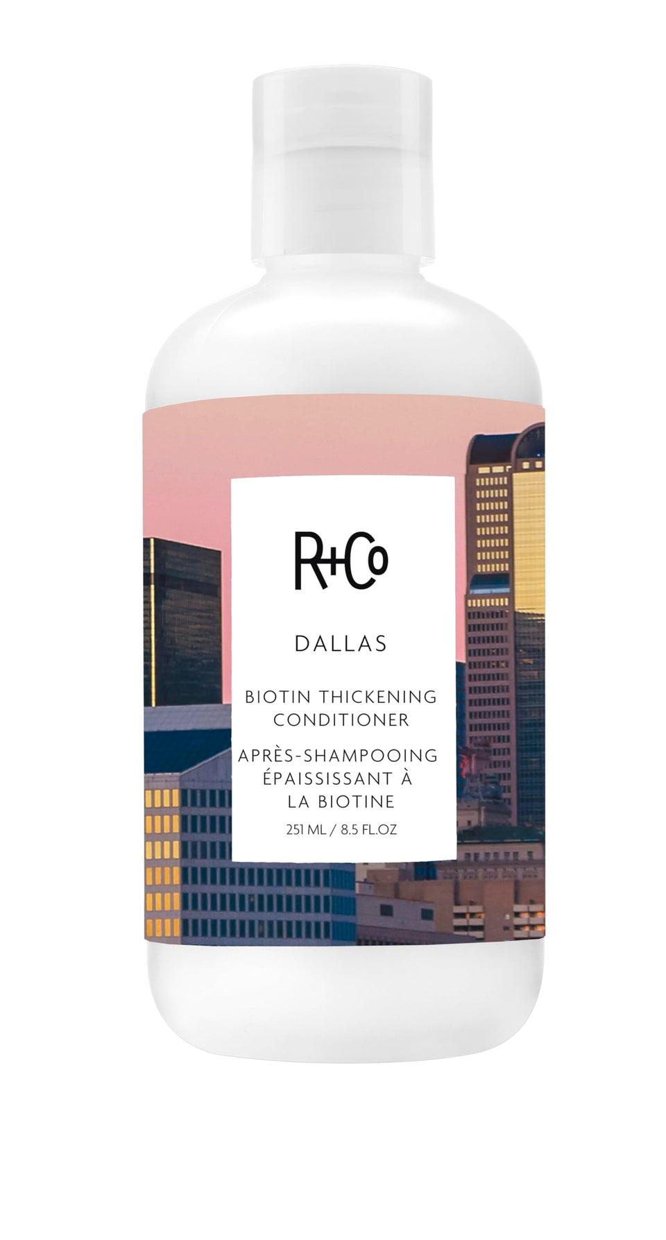 R+Co Dallas conditioner front bottle showing sleek branding and volume benefits