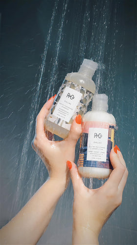 R+Co Dallas conditioner on bathroom shelf in lifestyle setting for daily use inspiration