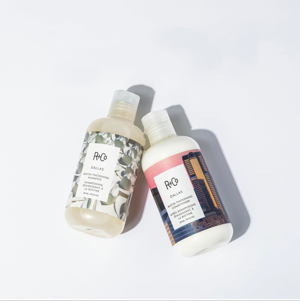 R+Co Dallas conditioner paired with matching shampoo for layered thickening routine