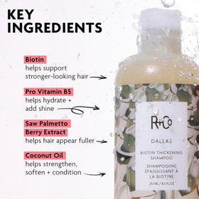 R+Co Dallas label close-up showing claims and clean formulation benefits