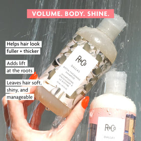 R+Co Dallas creamy lather texture demonstrating gentle, volumizing cleanse